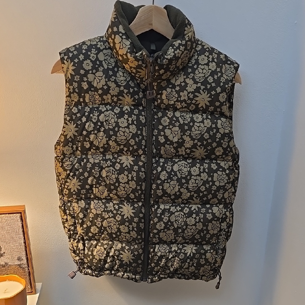Floral Quilted Puffer Vest - Olive Green